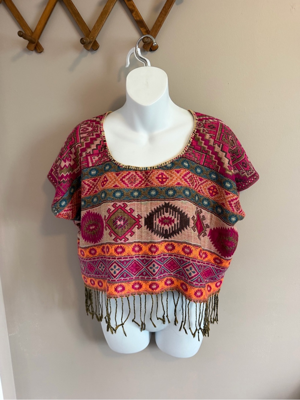 Handmade Vintage Guatemalan Huipil Cropped Woven Fringe Blouse Top M
